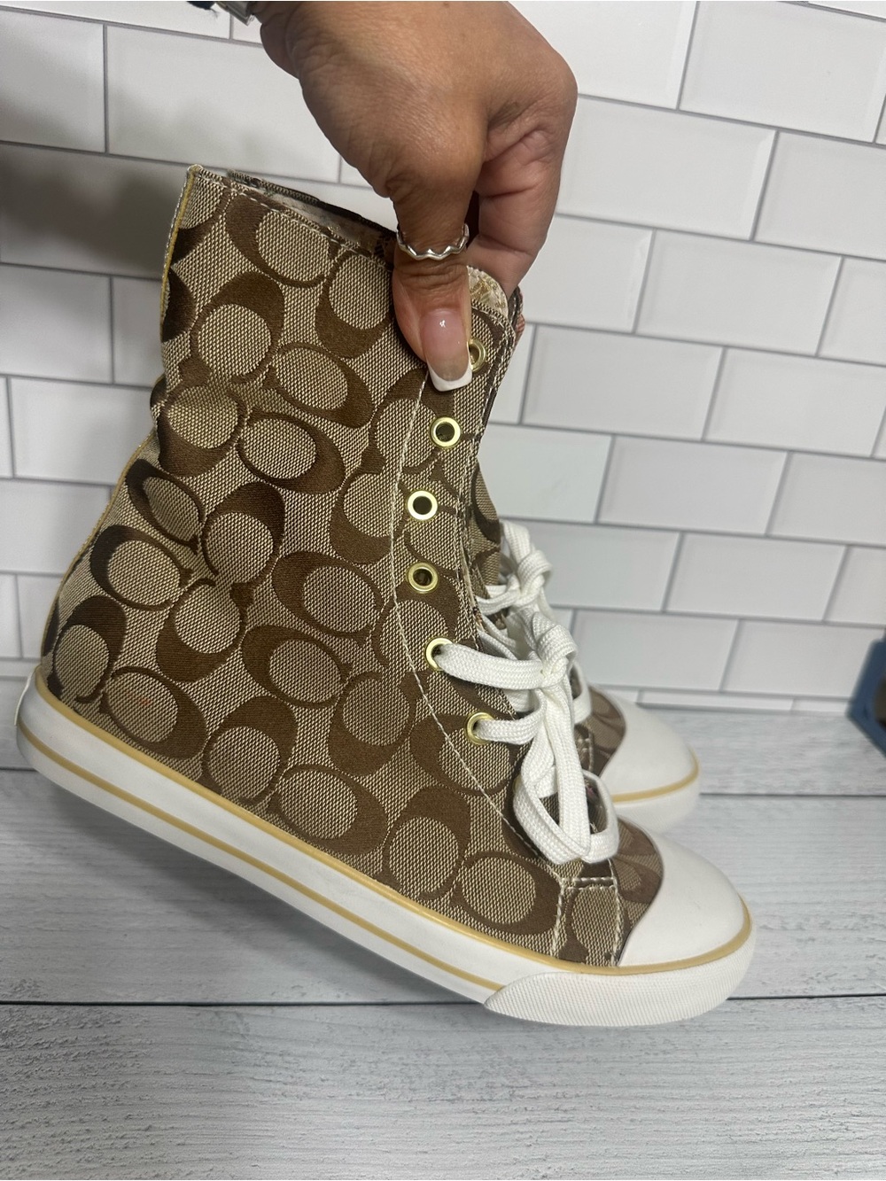 Coach High-Top Logo Canvas Sneakers in Brown and Tan
